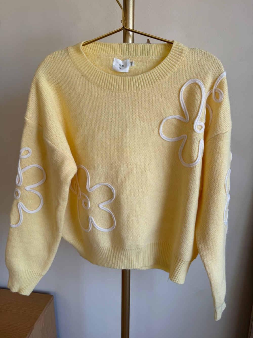 Anthropologie Luna Ivy Soft Yellow Floral Appliqué Crewneck Sweater